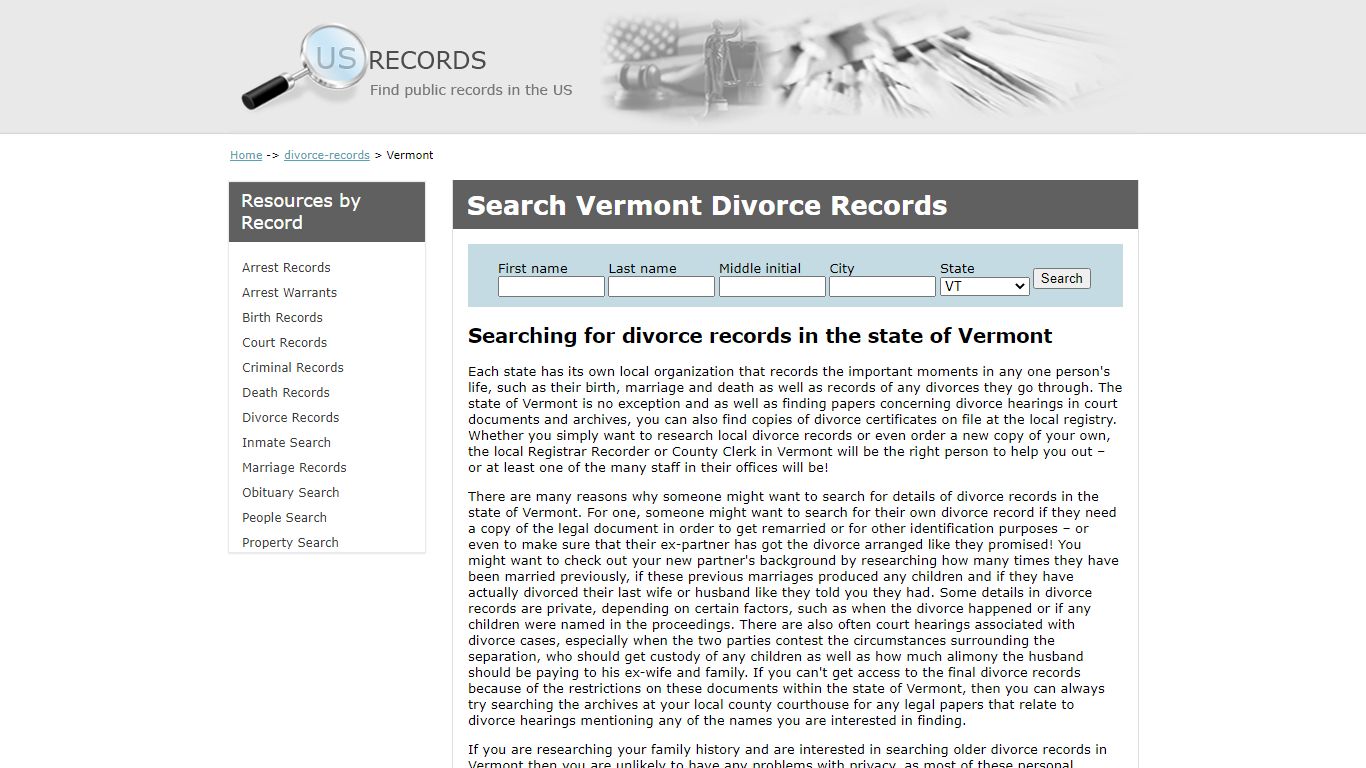 Search Divorce Records Vermont | US Records